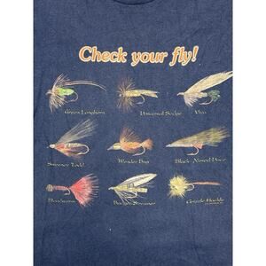 Vintage Lee Sport Fly Fishing Check Your Fly T-Shirt Men's XL Blue Cotton